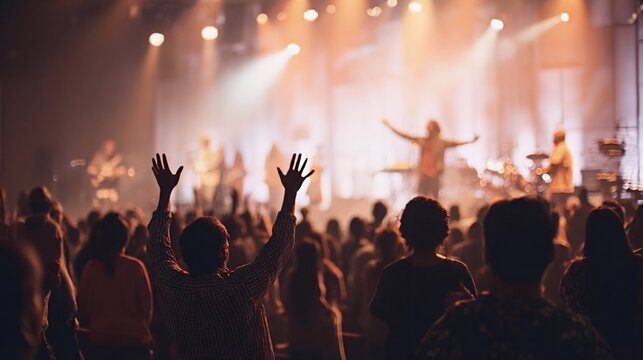 Crowd attending a music concert, raising hands in worship or celebration, experiencing energy and entertainment from the performers on a brightly lit stage emphasizing musical event concept