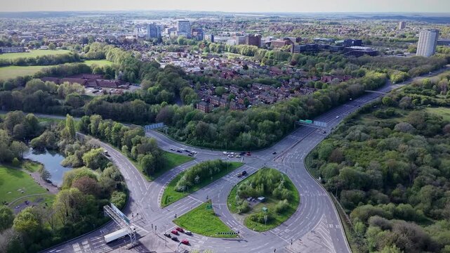 Aerial View of Large Roundabout with Traffic in Basingstoke Hampshire UK Urban Infrastructure