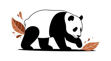 Naklejka premium Cute Panda Walking with Leaves