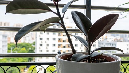 Naklejka premium Ficus elastica rubber plant in a white ceramic pot on a balcony. Urban apartment view with city buildings and trees in the background. Potted houseplant on a terrace with metal railing