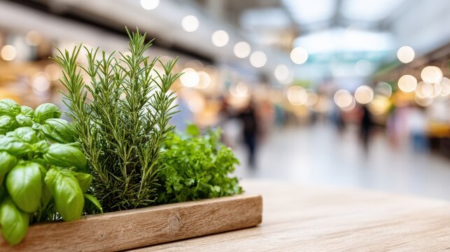 Fresh basil and rosemary in wooden tray on indoor market table