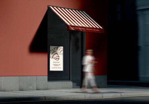 Storefront Window Mockup with Striped Awning on City Street