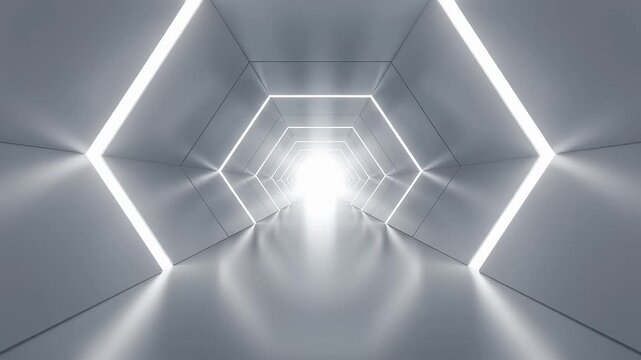Bright futuristic hexagonal hallway with white glowing light strips