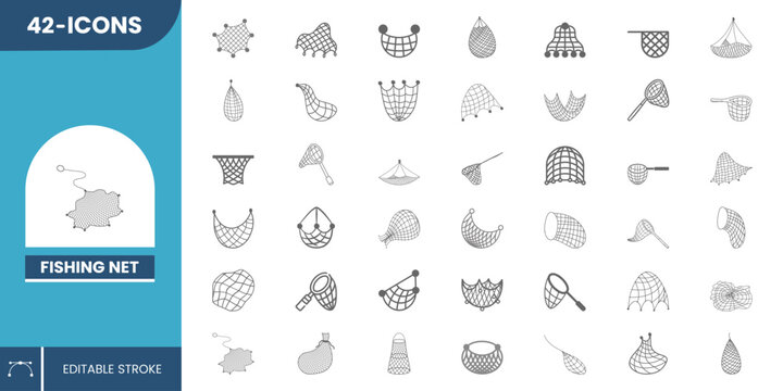 Fishing Net Icon Set &ndash; Clean Flat Vector Icons for Catching Fish, Angling Equipment, Marine Tools, Outdoor Fishing, Seafood Harvest and Netting Use.