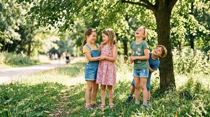 Fototapeta premium Four children laughing together under leafy tree on sunny grassy path