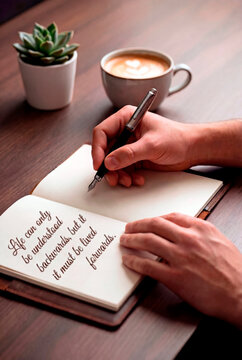 An over-the-shoulder perspective photograph (AI-generated) of a person's hands holding a vintage fountain pen, poised to write on the right-hand blank page of an open, leather-bound notebook. On the l