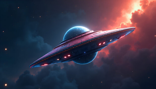 Futuristic spaceship flying through cosmic clouds in outer space  