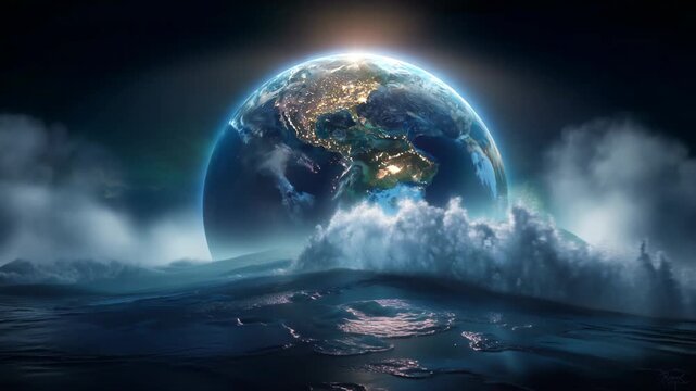 Waves crash around Earth at night with city lights glowing across the globe