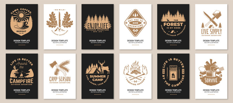 Camping posters bundle vector collection with outdoor adventure badges campfire forest knife coffee and survival designs for t shirt print sticker set isolated background