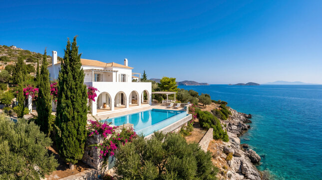 Stunning white luxury villa with an infinity pool overlooking the deep blue Mediterranean sea. Located on a rocky cliff, surrounded by green trees and bright pink flora.