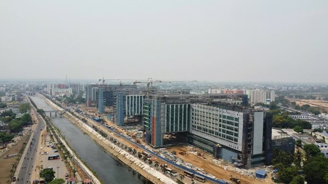 Aerial View of SCB Medical New Building Construction in Cuttack. Indian Hospital Construction in Eastern India. Drone Shot of Mega Redevelopment Project SCB Hospital and Indian Medical College Cuttack