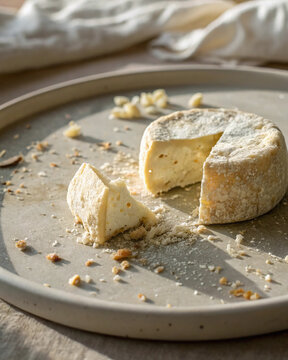 Photorealistic casu marzu cheese portion with broken crumb texture natural imperfections and muted artisanal style