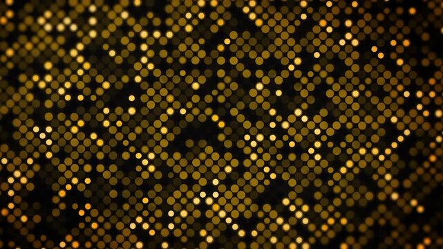 Yellow glowing circles and dots of various sizes forming a shimmering grid texture. Loop animation. Golden bokeh dot grid on black background.