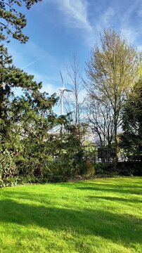 This vertical video provides a perspective from the ground looking up at a canopy of colorful wind energy fans (pinwheels). The decorations are suspended on lines between rows of classic European bric