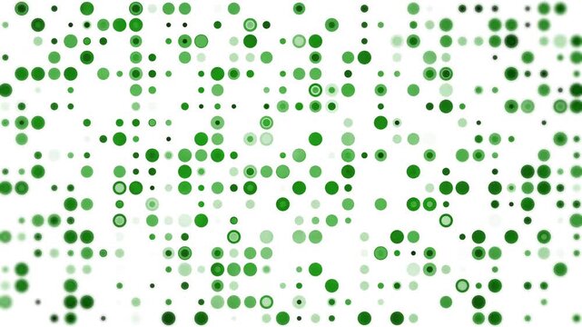 Abstract composition of green circles and dots of varying sizes and transparency arranged in a grid. Loop animation. Green circular dots pattern on white background.