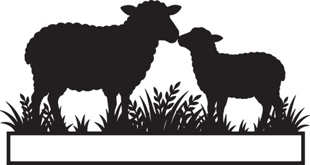 Black silhouette of a mother sheep and lamb nuzzling in grass with a blank sign below also transparent background © PixelSaga MH2 