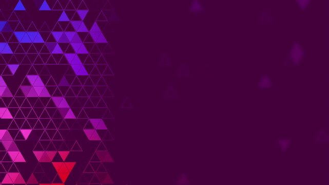 Dark violet background featuring a cluster of pink and purple triangles on the left side with fading geometric elements and copy space. Abstract loop animation.