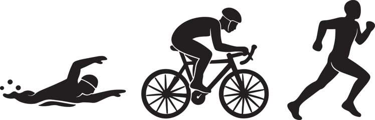 Fototapeta premium Silhouette of a swimmer, cyclist, and runner in black on a white background, representing triathlon disciplines also transparent background