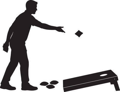 Silhouette of a man throwing a beanbag at a cornhole board, with beanbags on the ground also transparent background