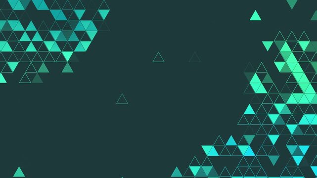 Dark teal background with clusters of green and turquoise triangles in the corners and scattered geometric shapes with copy space. Loop animation. Geometric triangle pattern.