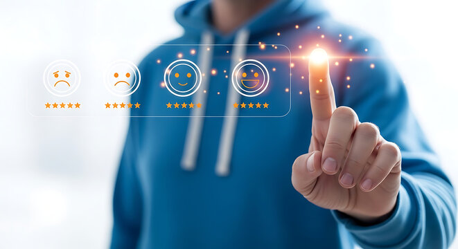 Customer satisfaction survey with rating icons and star scale for feedback and evaluation