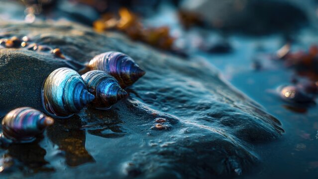 Iridescent Seashells on Wet Rock