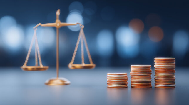 A balance scale beside stacked coins representing financial fairness, economic comparison, and cost evaluation.
