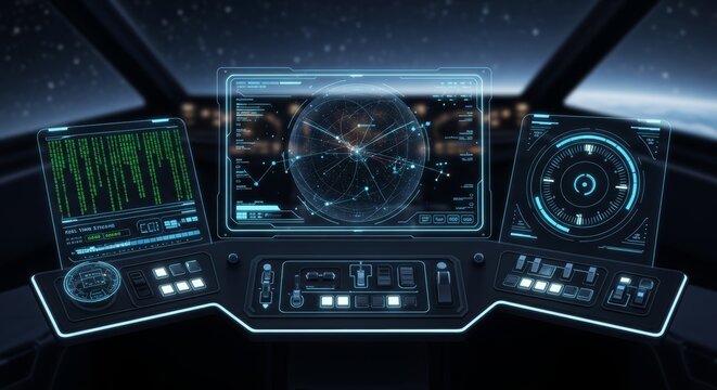 Futuristic starship bridge with advanced holographic display and navigation system