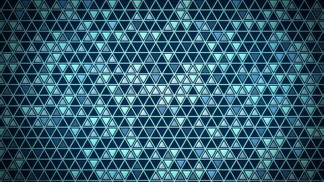 Abstract background repetitive small triangles in various shades of blue and teal with dark vignette edges. Loop animation. Geometric triangle pattern with glowing effect.