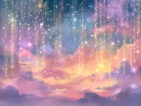 色鮮やかな雲と輝く星々が降り注ぐ魔法のようなファンタジーの夜空。幻想的でドリーミーなデジタルイラスト背景素材