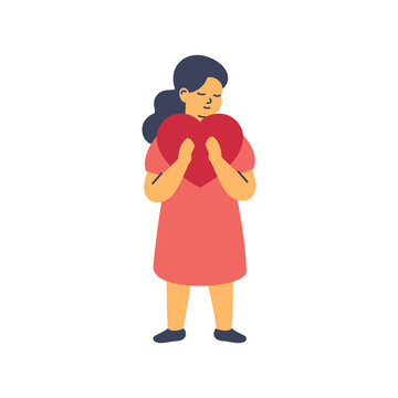 happy girl holding red heart in hands. self Love and child care concept. Childrens day card. vector illustration