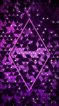 Glowing violet and purple triangle mosaic background featuring a centered bright diamond shaped outline with soft shadow. Loop animation. Purple neon pattern with frame. Vertical video.