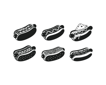 Six creative hot dog variations illustrated in a minimalist style