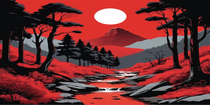 Sunset over mountains, sea and river with glowing orange sky, clouds, water reflections and natural silhouettes