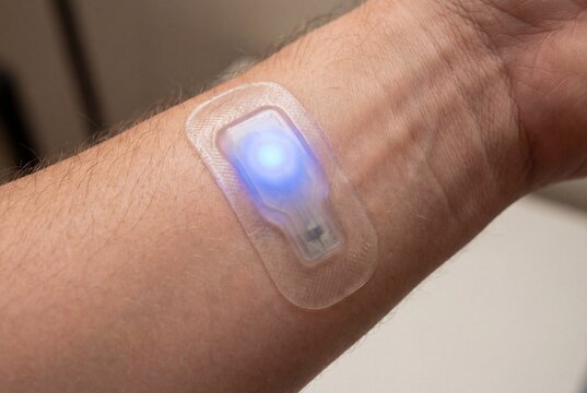 Glowing Blue Smart Biosensor Patch with Microneedle on Wrist Futuristic Wearable Health Technology Concept