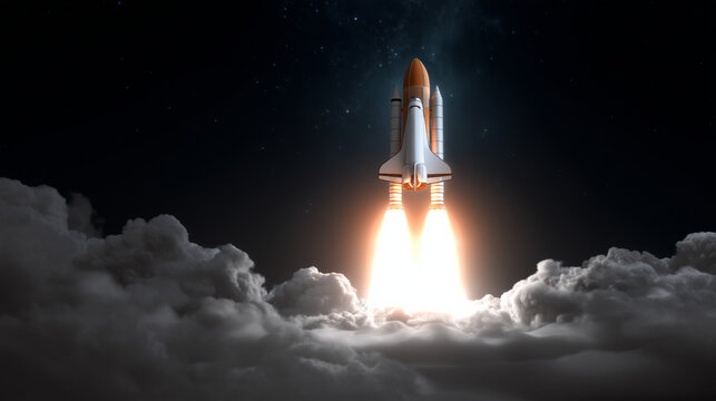 space shuttle launch above clouds at night, powerful rocket engines, space exploration mission, dramatic liftoff, aerospace technology, starry sky, ignition flame, futuristic fligh