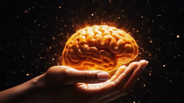 Glowing human brain held in hand against dark, starry background