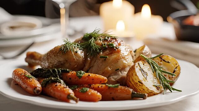 Delicious Roasted Chicken Dinner with Carrots and Potatoes.
