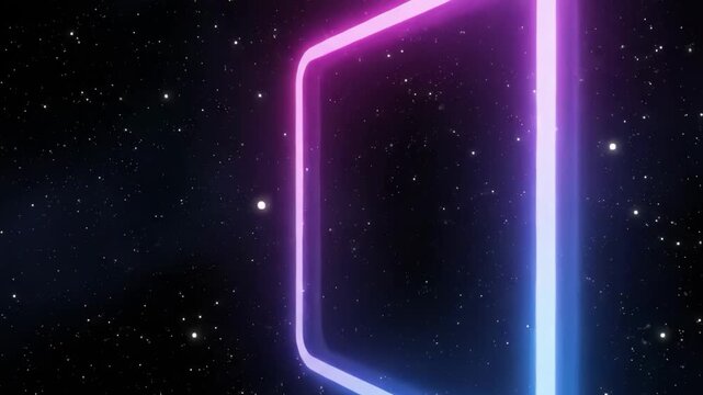 Neon pink and blue glowing square frame in outer space