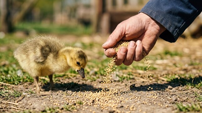 A gosling pecks seeds scattered by a hand on grass, showcasing nature's interaction and care during feeding.