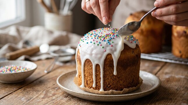 A beautifully decorated cake with white icing and vibrant sprinkles, placed on a natural wood table.