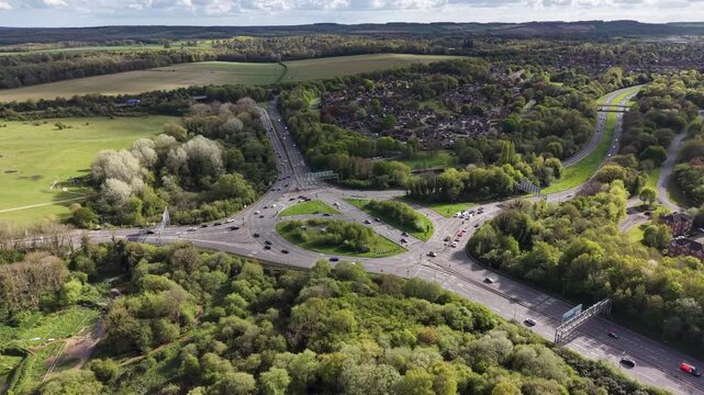 Aerial View of Large Roundabout with Traffic in Basingstoke Hampshire UK Urban Infrastructure