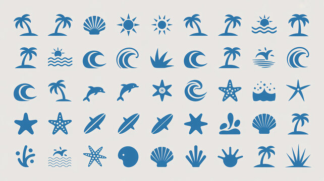 A collection of blue beach icons on a white background, featuring various ocean and tropical symbols.