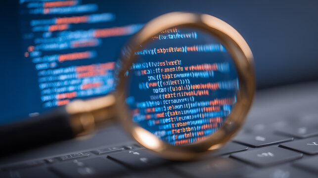 A magnifying glass focusing on computer code on a keyboard representing software analysis, cybersecurity review, and digital investigation.

