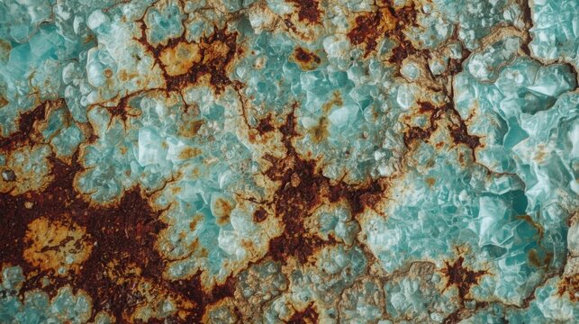Copper surface with turquoise patina and rust forming intricate abstract patterns