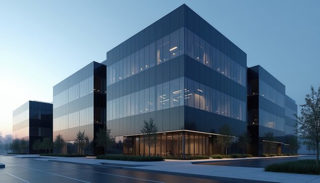 Modern glass office building complex stands against a twilight sky. Exterior showcases sleek architecture with illuminated interiors and minimalist landscaping. Corporate headquarters or tech campus.