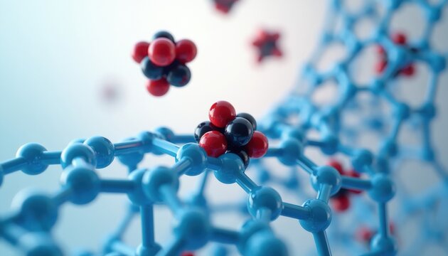 3D render of metal organic framework MOF structure. Porous material captures gas molecules. Crystalline lattice with atom clusters shows scientific innovation in separation science.
