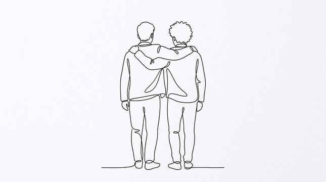 Continuous line drawing of two friends standing with arms around shoulders