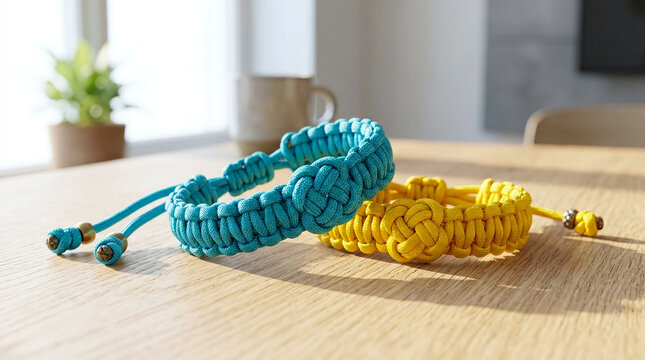 Two handmade paracord bracelets in blue and yellow on a wooden table