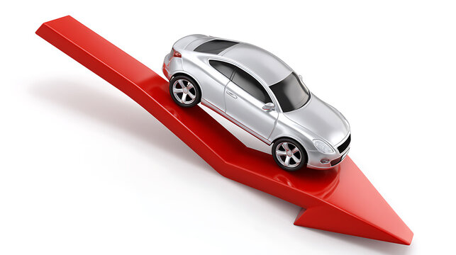 Silver Compact Car Descend on a Bold Red Downward Arrow Symbolizing Decline, Sale, Decrease, or Negative Market Trend on White Background